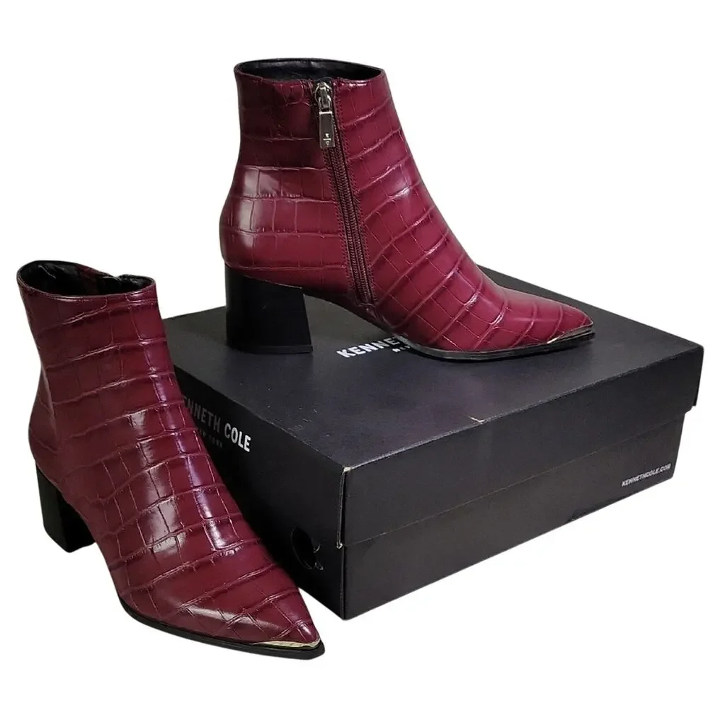 Kenneth Cole Roanne Burgundy Croc Print Ankle Bootie Womens Size 5.5 NEW - Picture 1 of 16